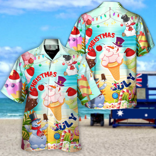 Christmas In July Snowman Ice Cream Funny Summer - Unisex Hawaiian Shirt For Men and Women
