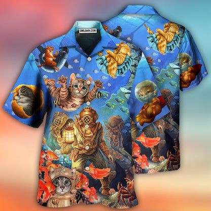 Diving Cat Under The Sea Art Style - Hawaiian Shirt 