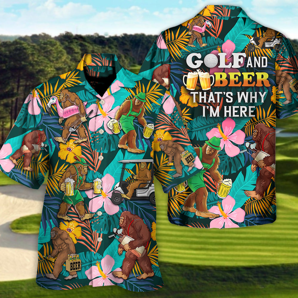 Golf Funny Bigfoot Playing Golf Golf and Beer Tropical Lover - Unisex Hawaiian Shirt For Men and Women