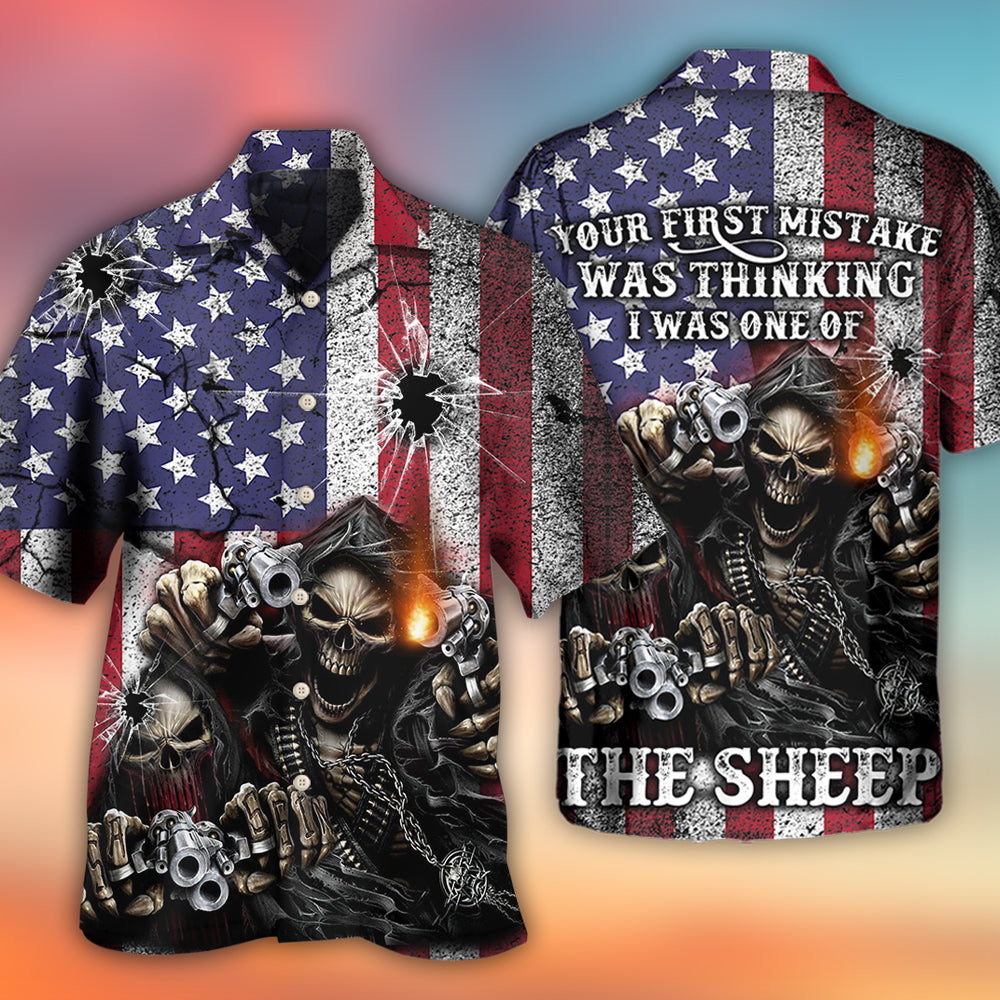 Skull Shot Gun American Flag Vintage - Hawaiian Shirt 