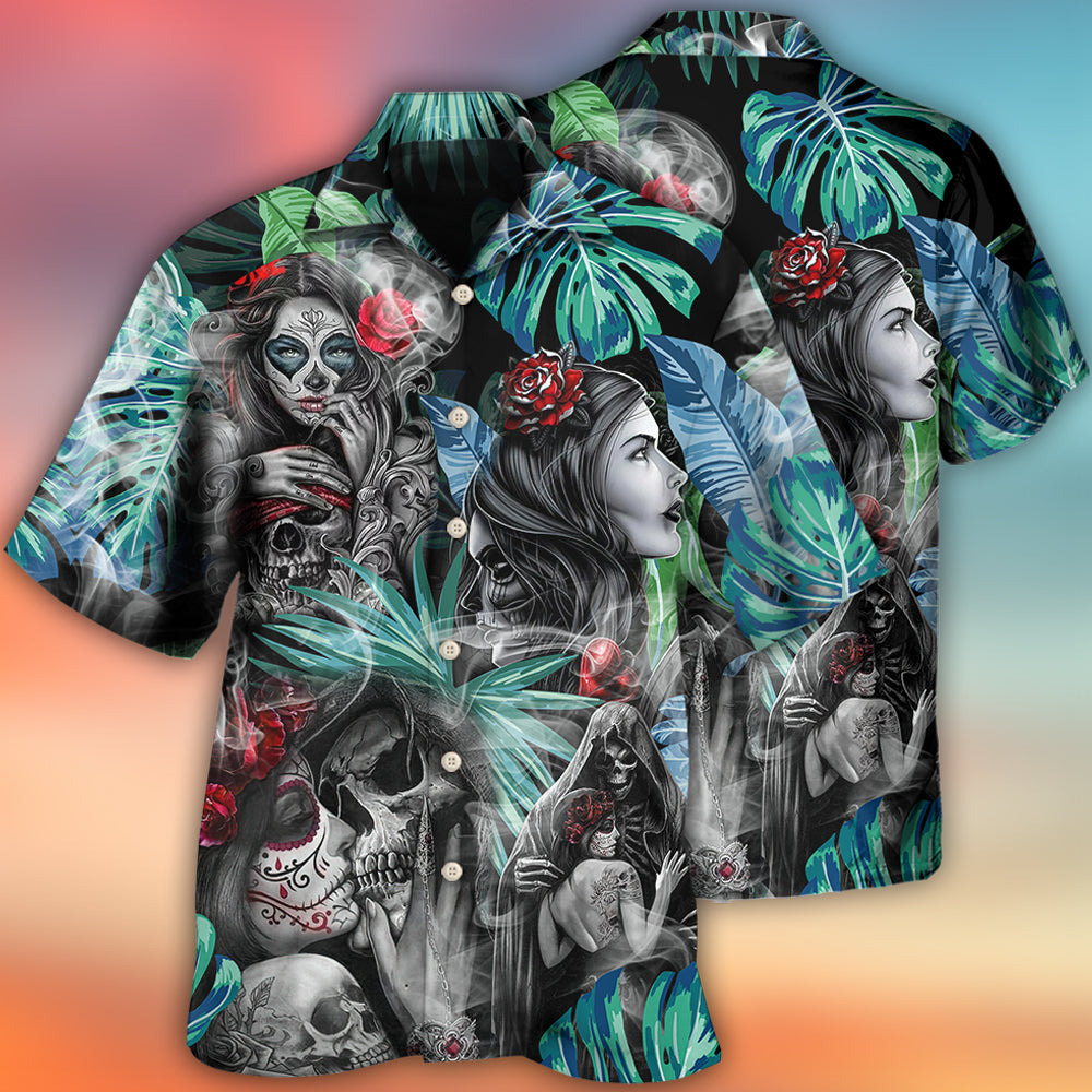 Skull Tropical White Smoke Red Flower - Hawaiian Shirt 