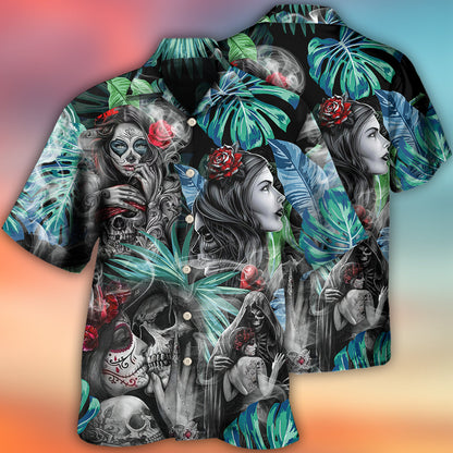 Skull Tropical White Smoke Red Flower - Hawaiian Shirt 