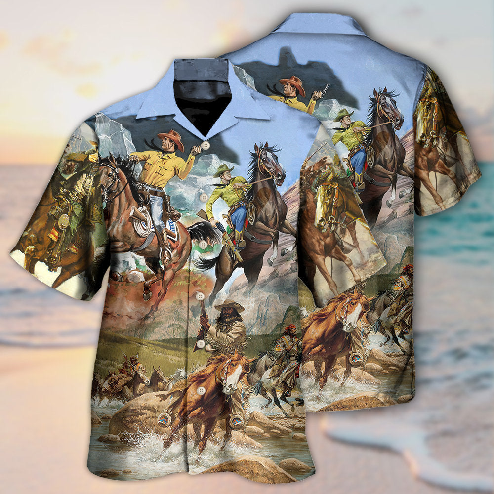 Cowboy Shootin Riding Horse Desert - Hawaiian Shirt 