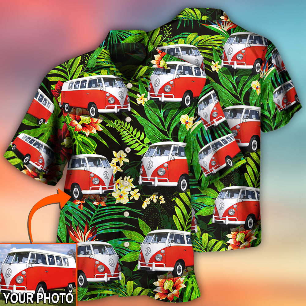 Hippie Van Volkswagen Camper Van Tropical Flower Custom Photo - Hawaiian Shirt 