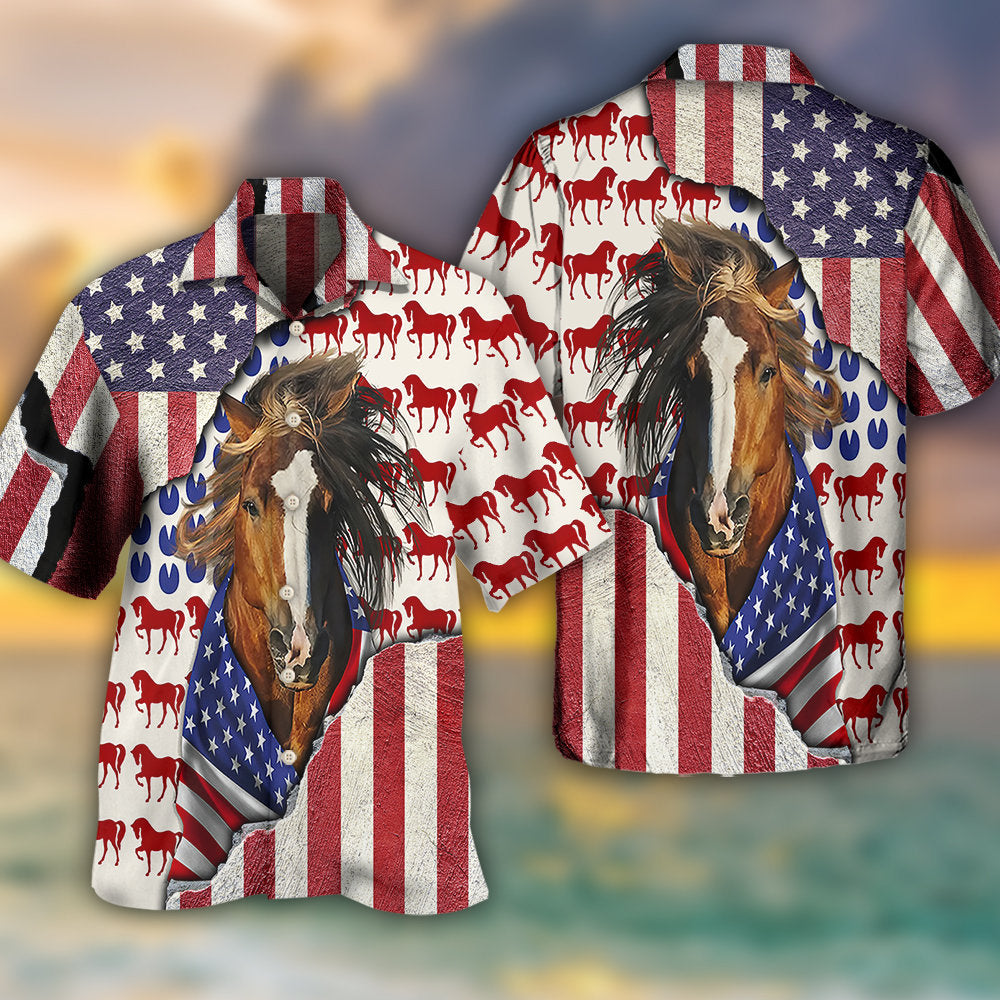 Horse Patriotic Horse American Flag - Hawaiian Shirt 