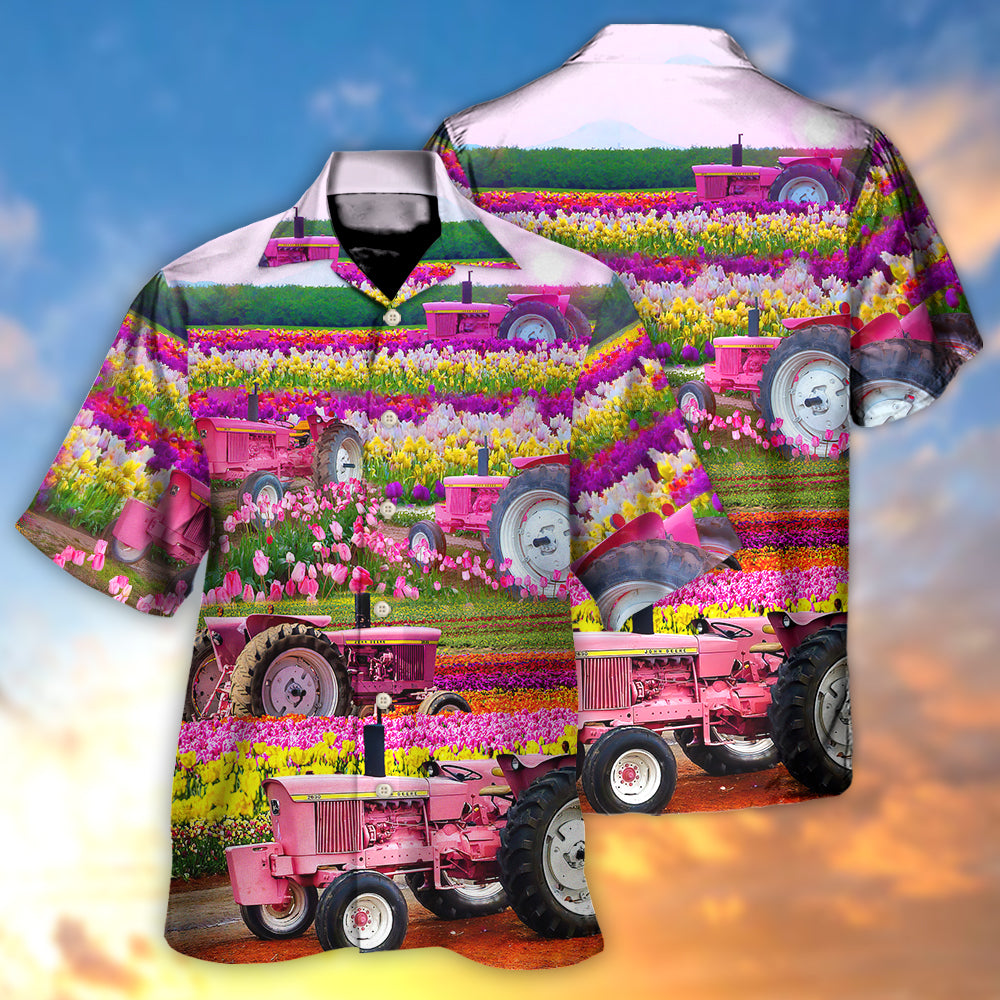 Tractor In Field Tulip Rural Landscape Majestically - Hawaiian Shirt 