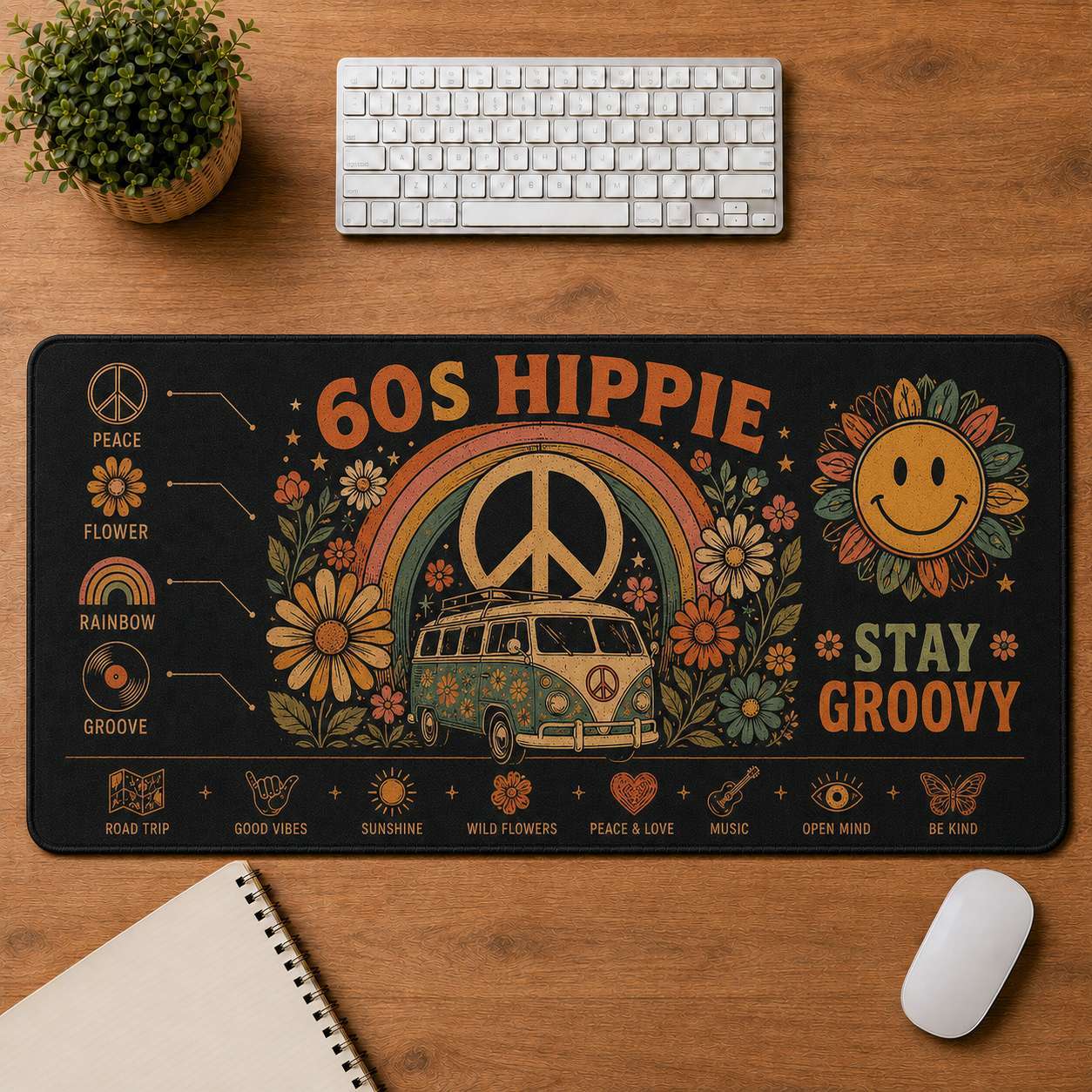 Smiley Face Hippie Desk Mat Mouse Pad | 5To9Vibe - 60s Hippie style