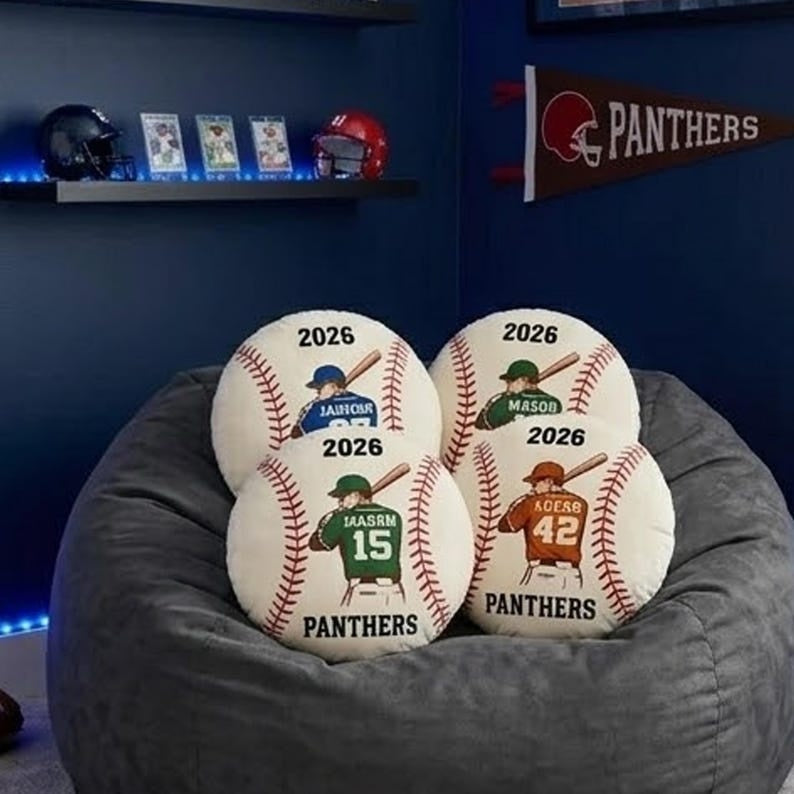 Personalized Baseball Pillow Custom Name Number Team Gift, Kids Sports Room Decor Cushion, Baseball Fan Gift, Custom Pillow