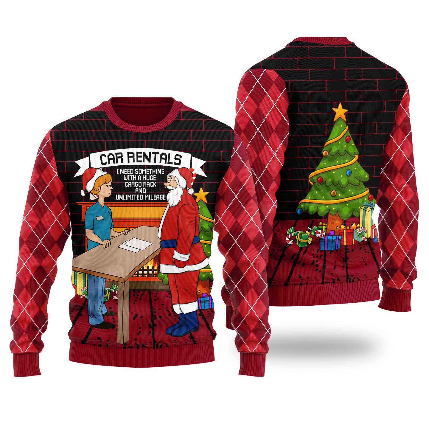 Funny Santa Car Rentals Ugly Christmas Sweater Red Cardinal
