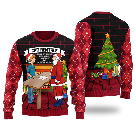 Funny Santa Car Rentals Ugly Christmas Sweater Red Cardinal