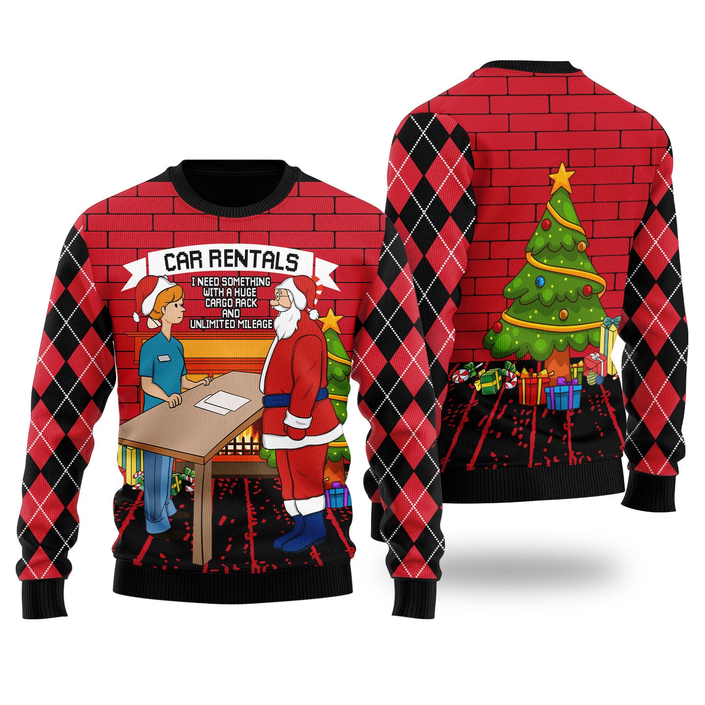 Funny Santa Car Rentals Ugly Christmas Sweater Black