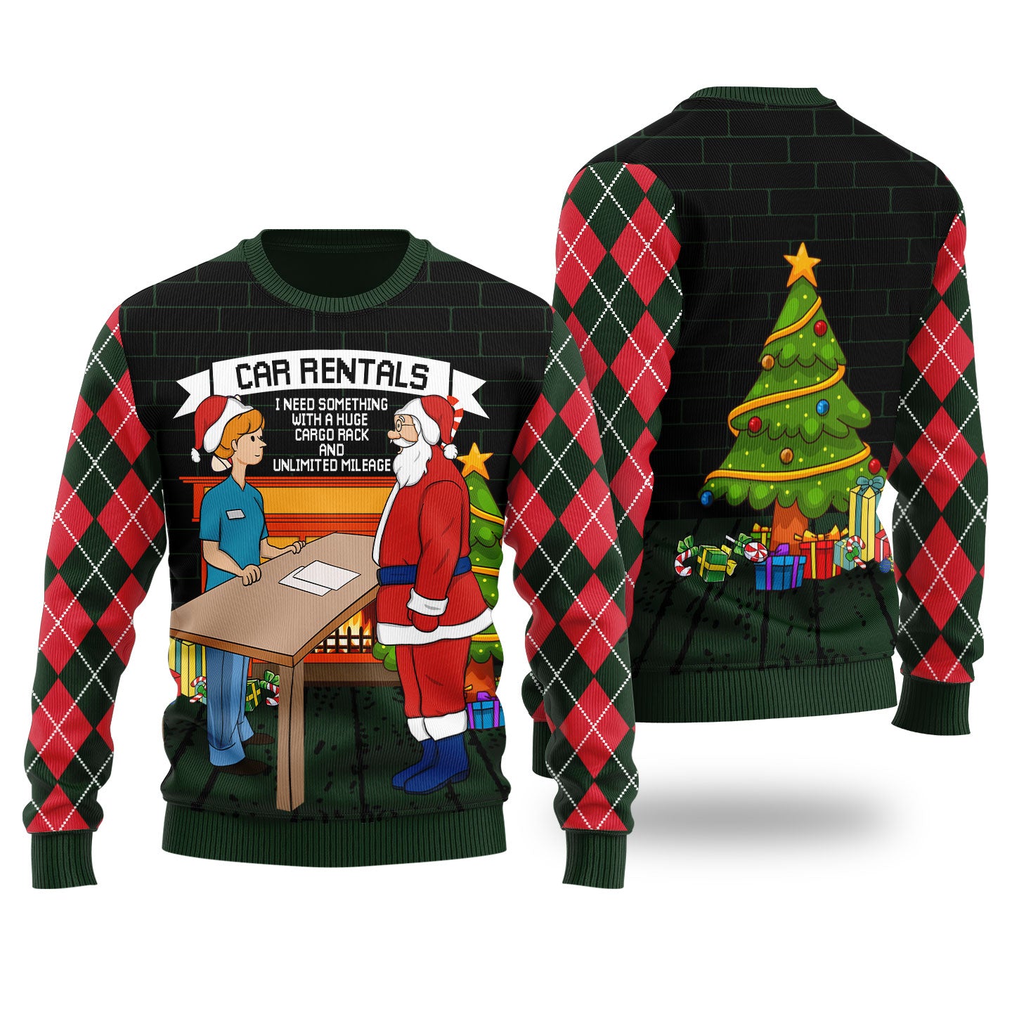 Funny Santa Car Rentals Ugly Christmas Sweater Forest Green