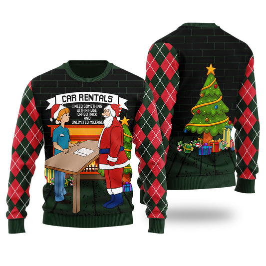 Funny Santa Car Rentals Ugly Christmas Sweater Forest Green
