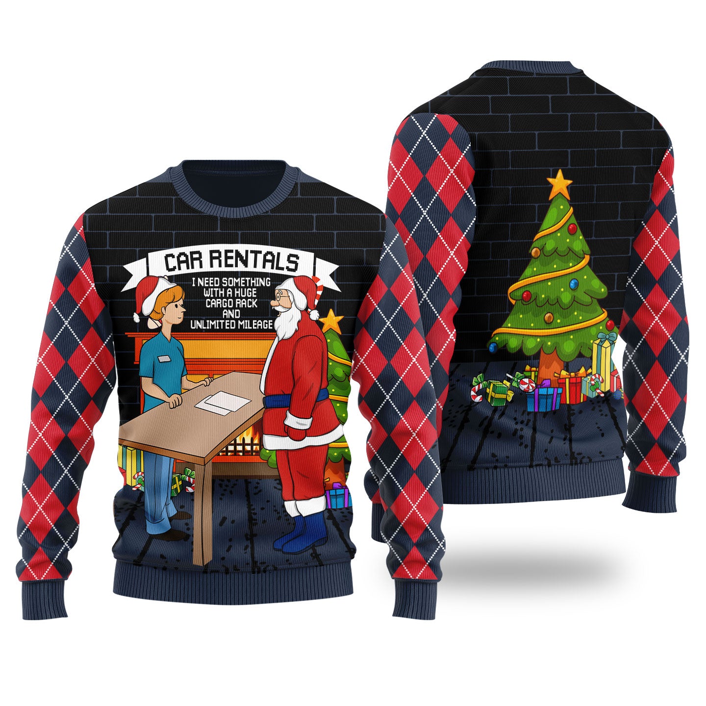 Funny Santa Car Rentals Ugly Christmas Sweater Navy