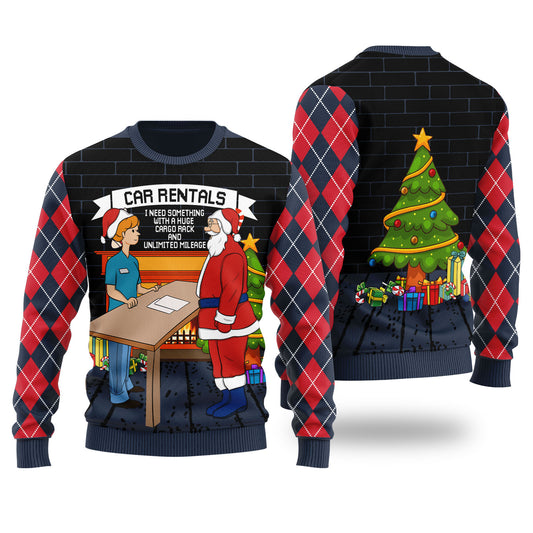 Funny Santa Car Rentals Ugly Christmas Sweater Navy