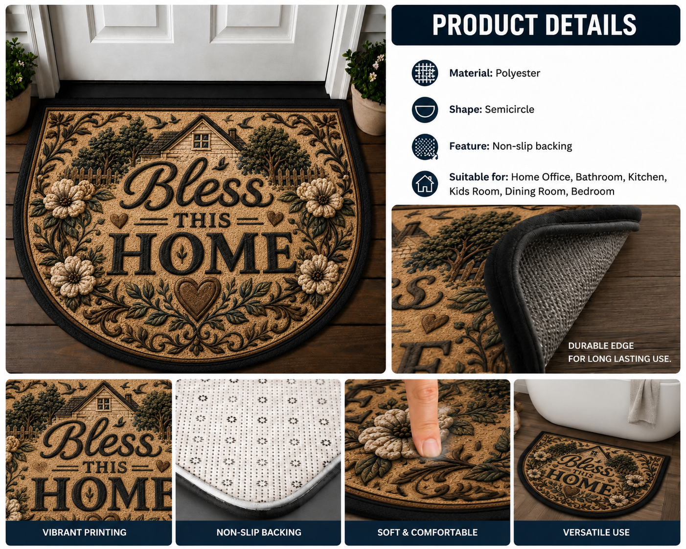 Bless This Home Doormat - Rustic Floral & House Welcome Mat - 5to9vibe