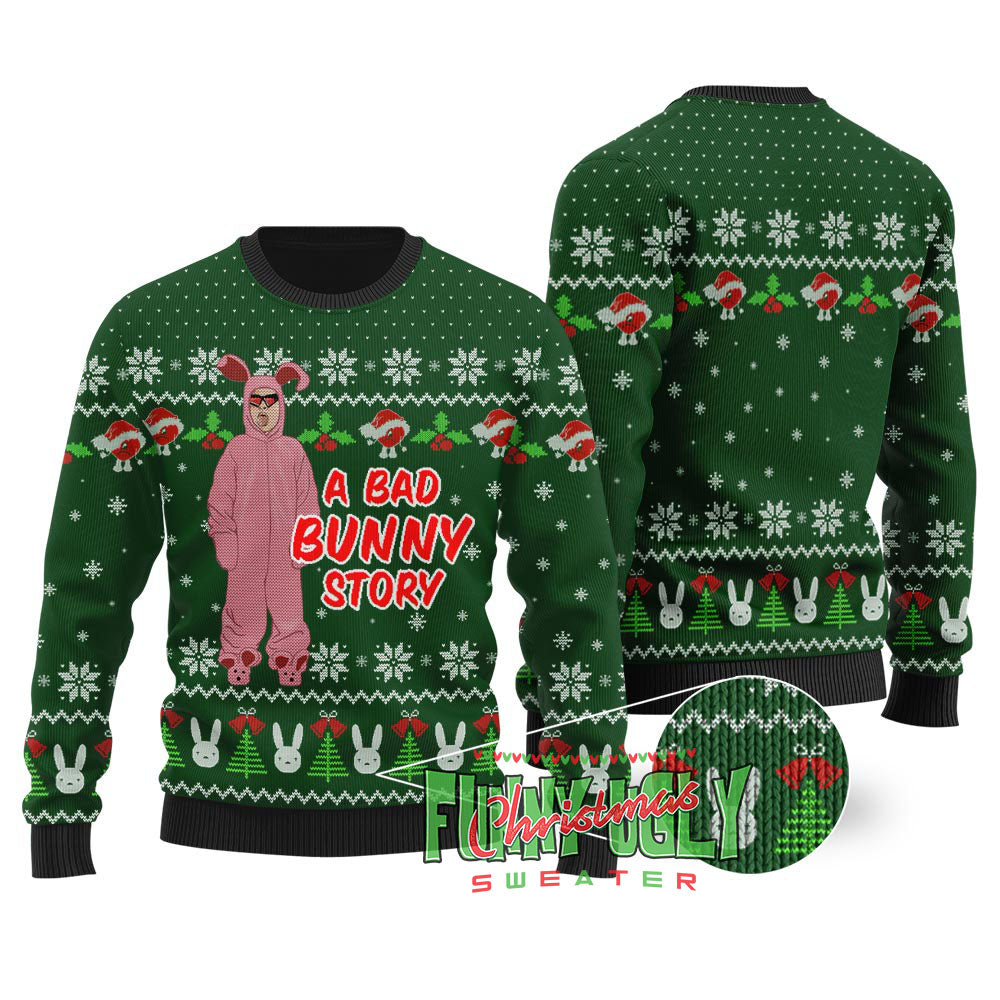 A Bad Bunny Story Christmas Sweater Forest Green