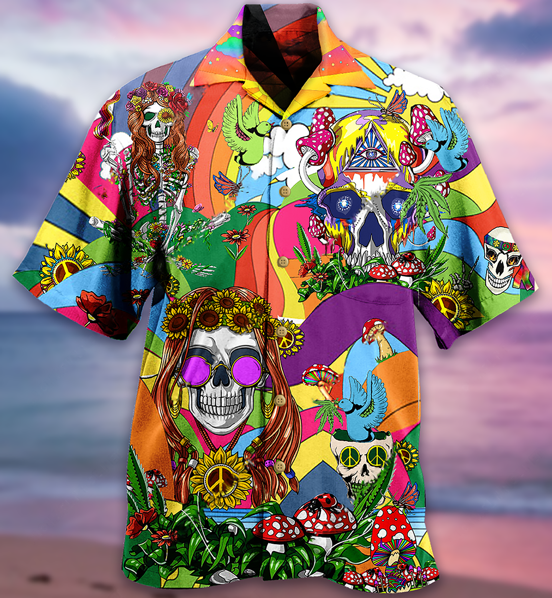 Hippie Skull Peace Life Color So Funny - Hawaiian Shirt 