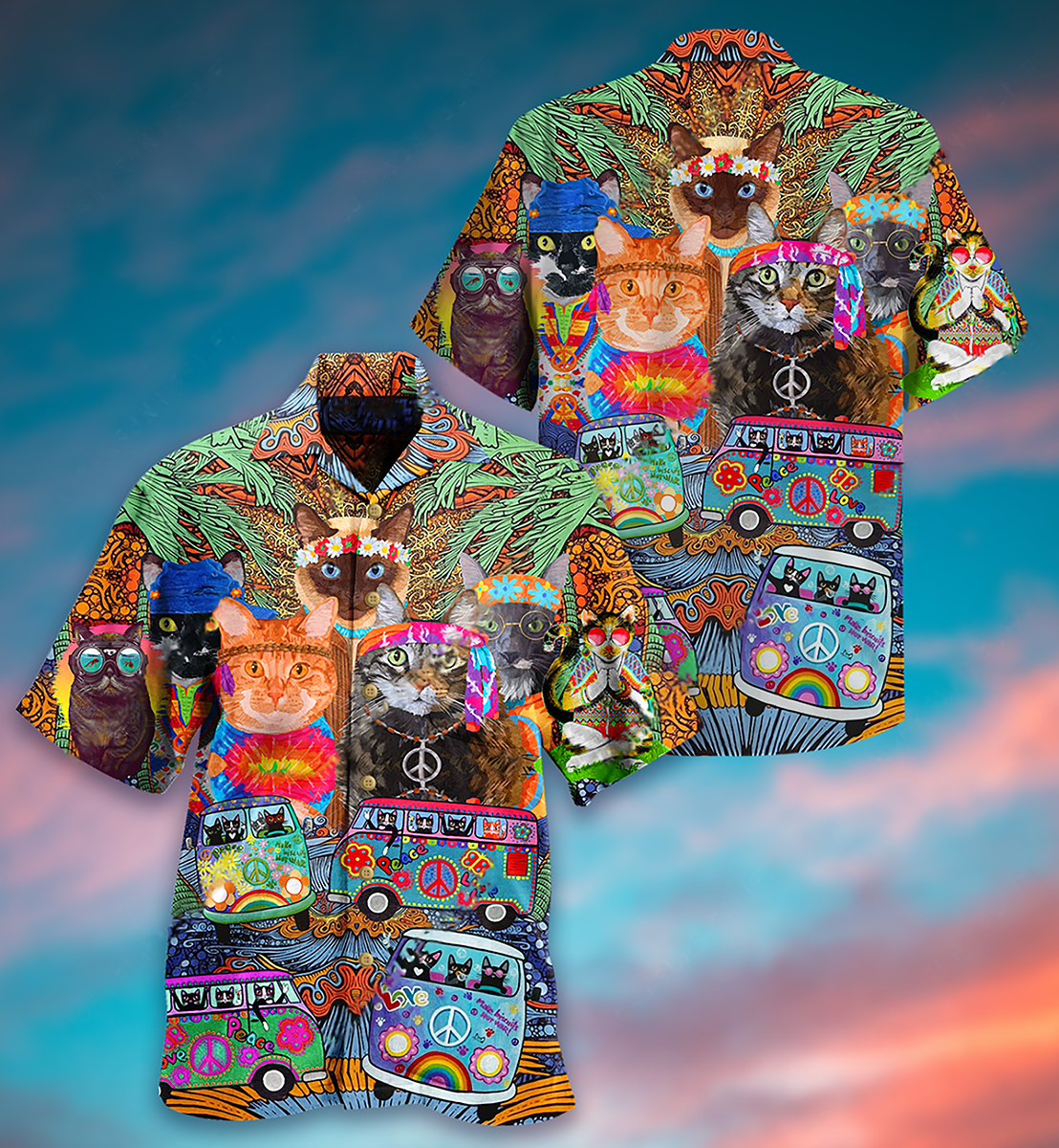Hippie Cats Peace Love Life Color - Hawaiian Shirt 