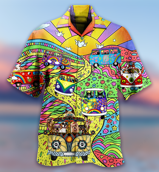Hippie Dogs And Cats Bus - Hawaiian Shirt 