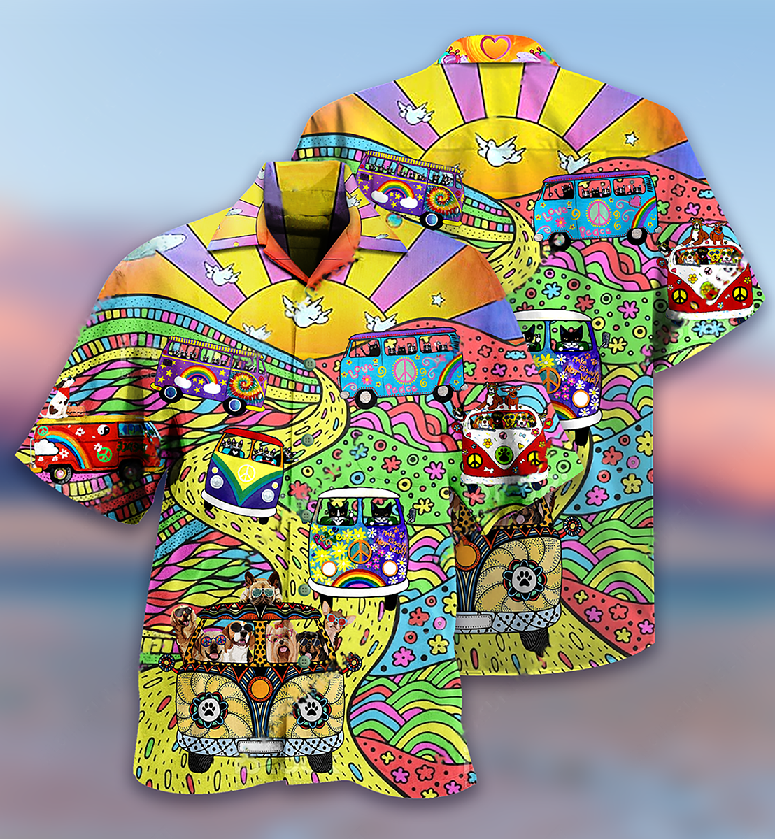 Hippie Dogs And Cats Bus - Hawaiian Shirt 