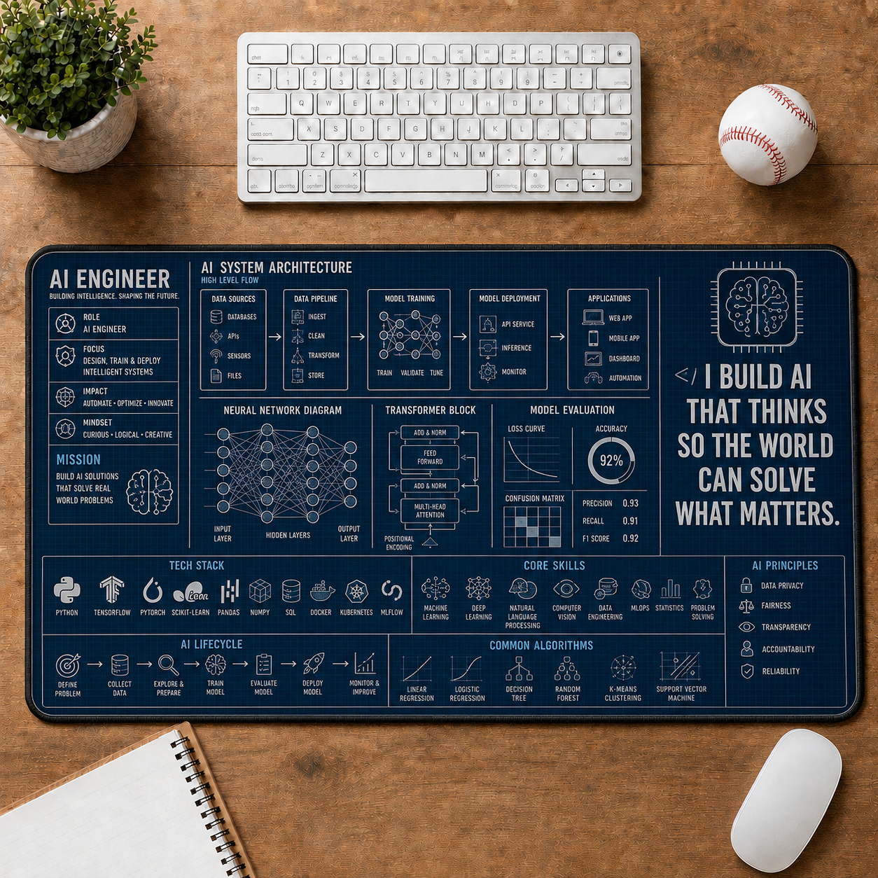 AI Engineer Blueprint Large Desk Mat - Neural Network & Machine Learning Plus Size Mouse Pad - 5to9vibe