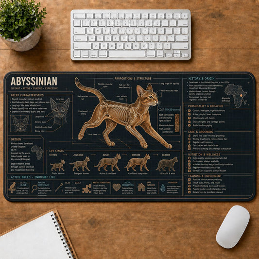 Abyssinian Cat Breed Desk Mat Anatomy Guide | 5To9Vibe