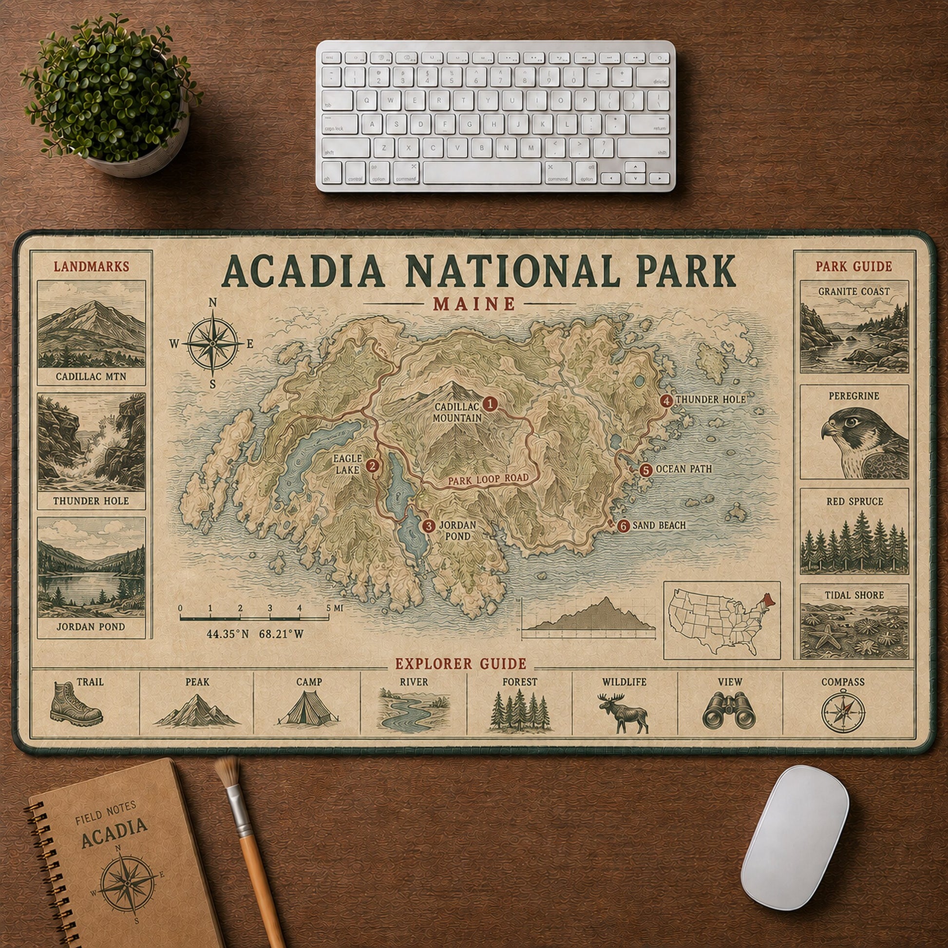 Acadia National Park Vintage Topographic Park Map Explorer Guide Desk Mat | 5To9Vibe