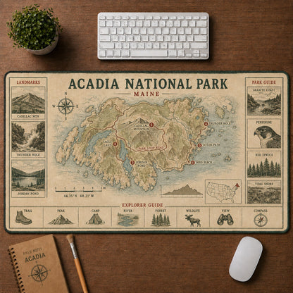 Acadia National Park Vintage Topographic Park Map Explorer Guide Desk Mat | 5To9Vibe