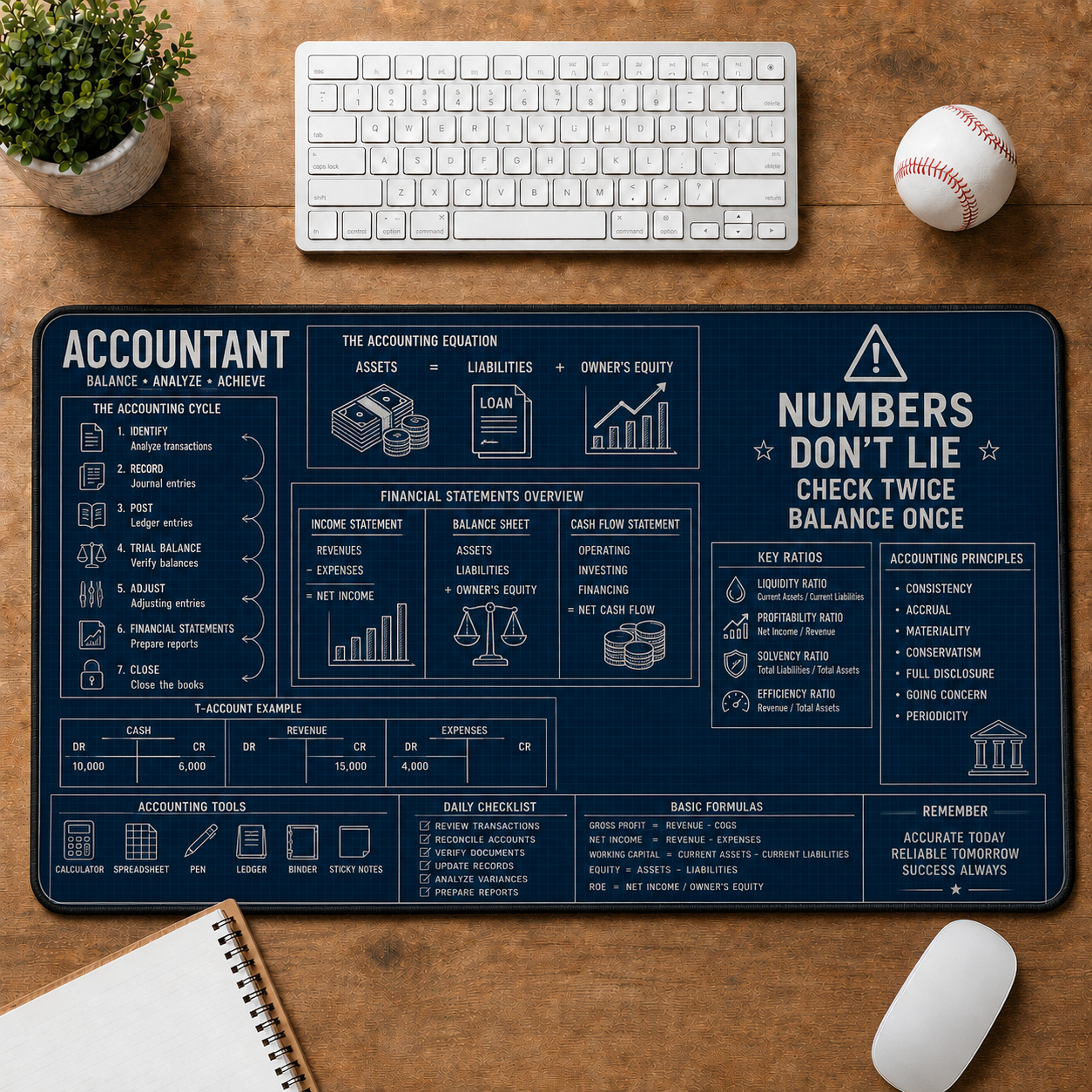 Accountant Blueprint Large Desk Mat - Financial Spreadsheets & Calculator Plus Size Mouse Pad - 5to9vibe