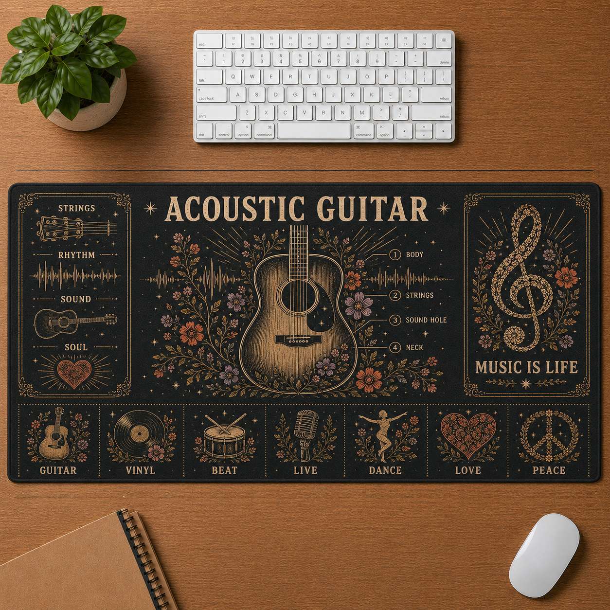 Retro Headphones Hippie Desk Mat Mouse Pad | 5To9Vibe - Acoustic Guitar style