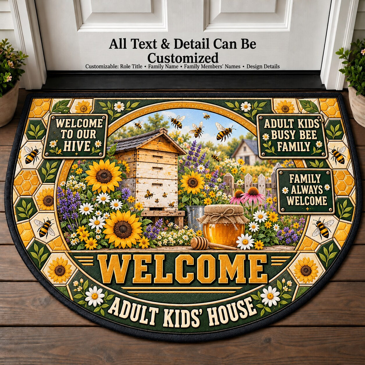 Adult Kids' Busy Bee Family Personalized Half Round Mat | 5To9Vibe