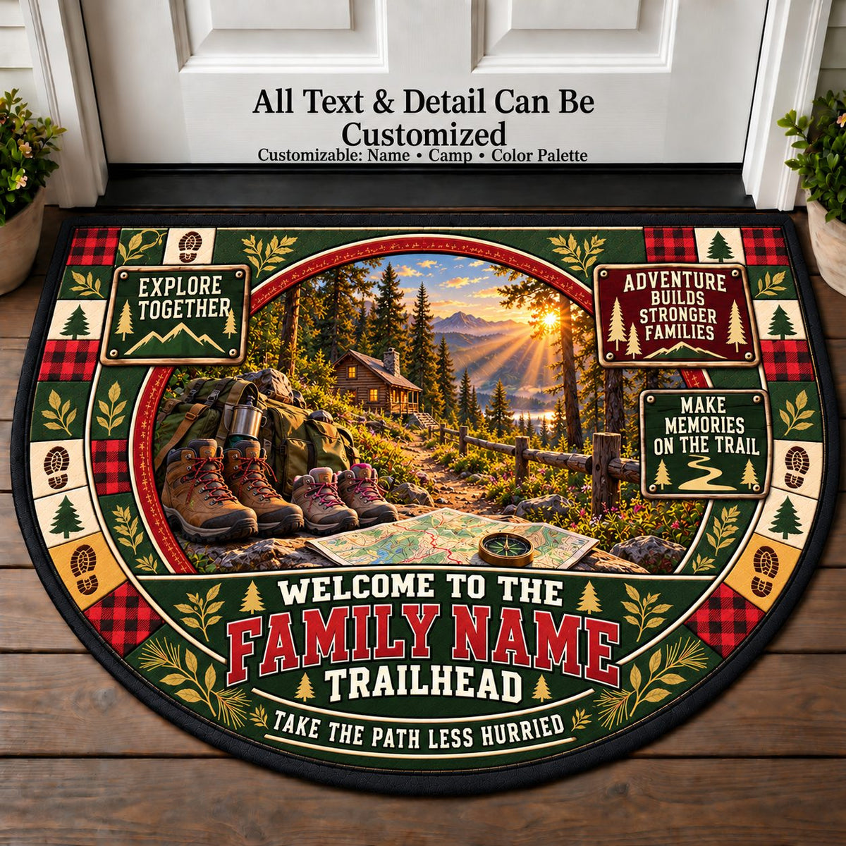 Forest Cabin Path - Adventure Family Personalized Half Round Mat | 5To9Vibe