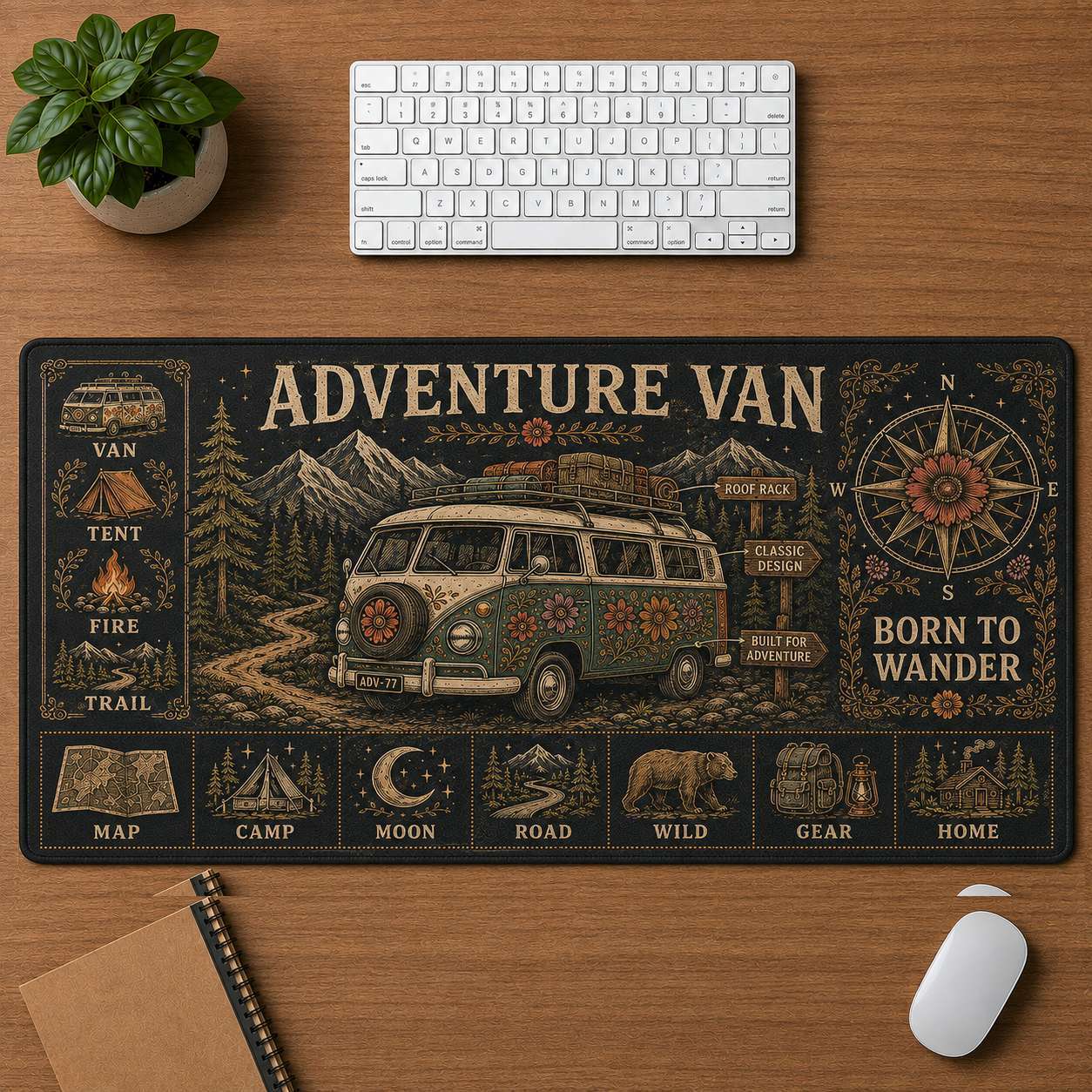 Mountain Camping Hippie Desk Mat Mouse Pad | 5To9Vibe - Adventure Van style