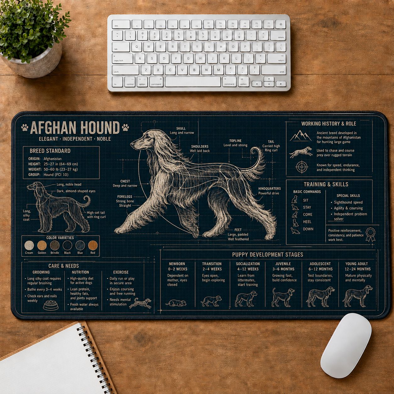 Afghan Hound Dog Breed Visual Guide Desk Mat | 5To9Vibe