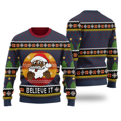 African American Santa Believe Ugly Christmas Sweater Navy