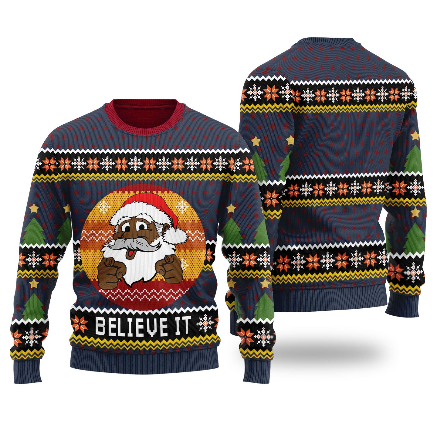 African American Santa Believe Ugly Christmas Sweater Navy
