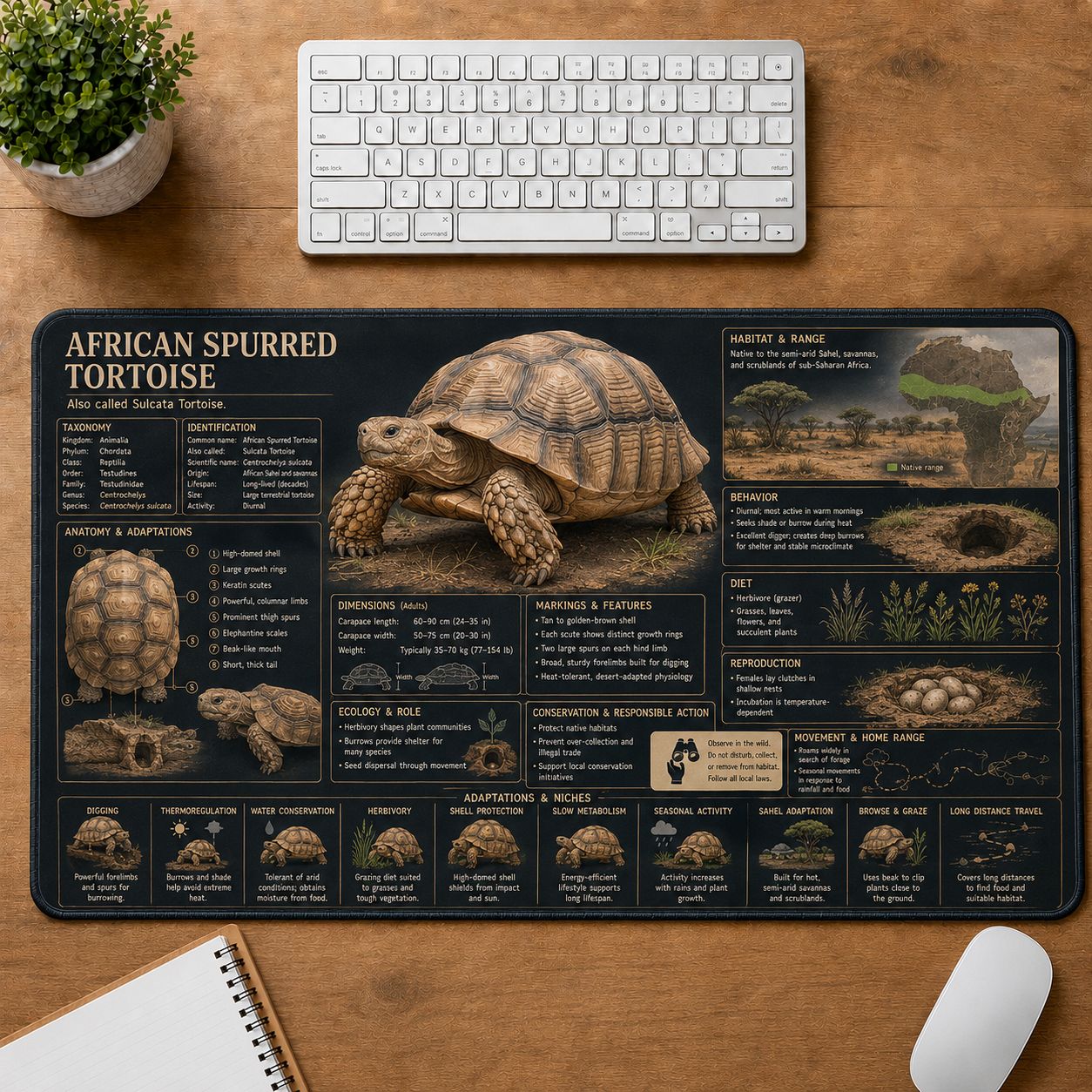 African Spurred Tortoise Turtle and Tortoise Species Guide Desk Mat | 5To9Vibe