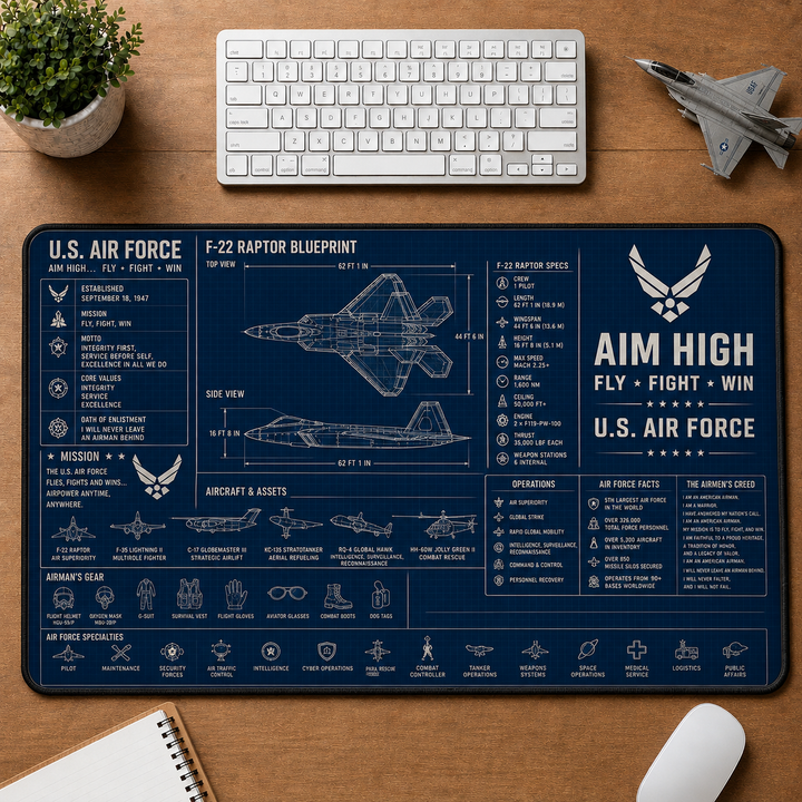 U.S. Air Force Blueprint Large Desk Mat - Fighter Jet Anatomy Plus Size Mouse Pad - 5to9vibe