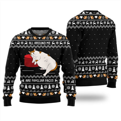 All Around Me Are Familiar Faces Cat Ugly Christmas Sweater