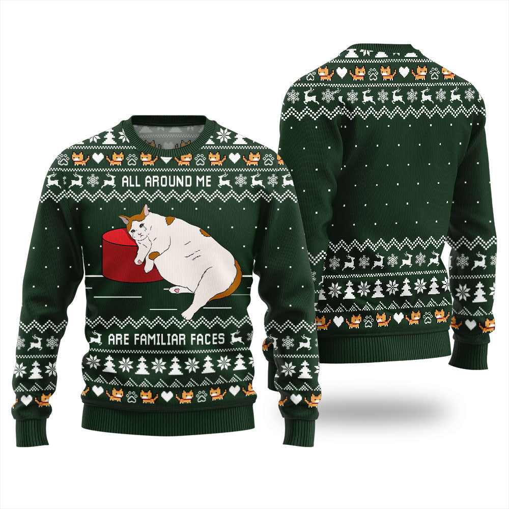 All Around Me Are Familiar Faces Cat Ugly Christmas Sweater
