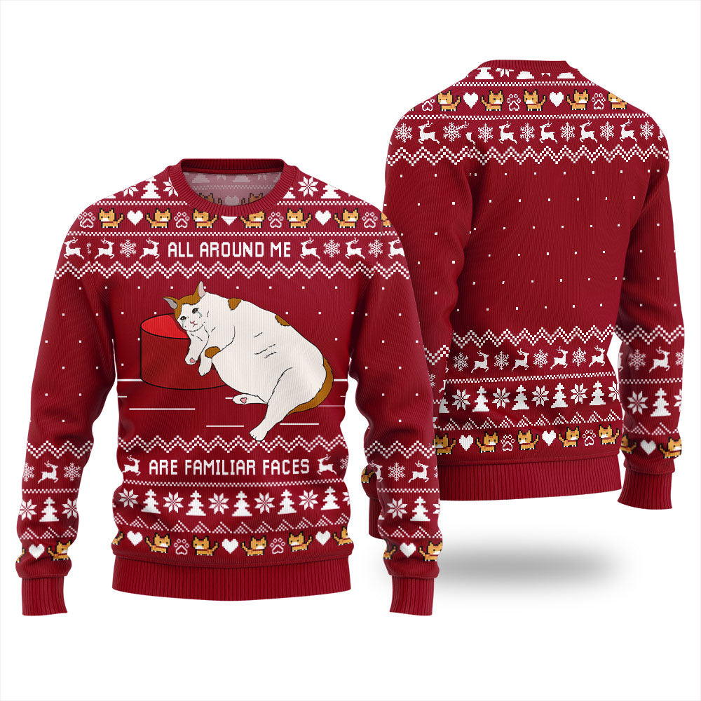 All Around Me Are Familiar Faces Cat Ugly Christmas Sweater
