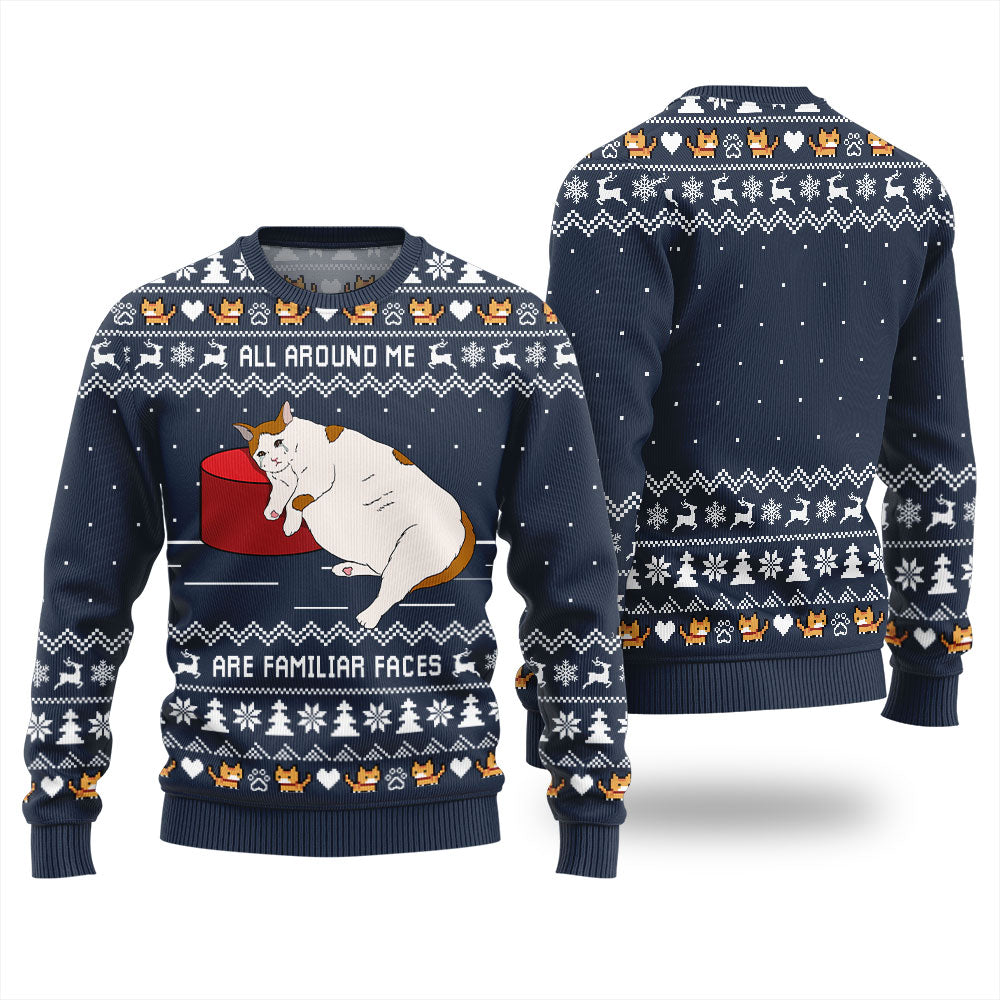 All Around Me Are Familiar Faces Cat Ugly Christmas Sweater
