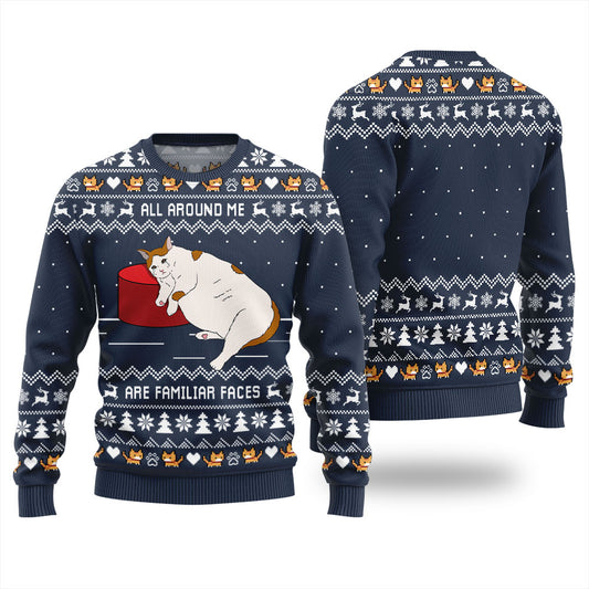All Around Me Are Familiar Faces Cat Ugly Christmas Sweater