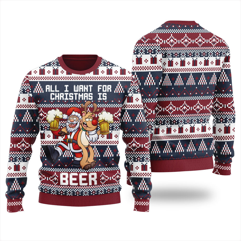 Reindeer And Santa Beer Drinking Ugly Christmas Sweater