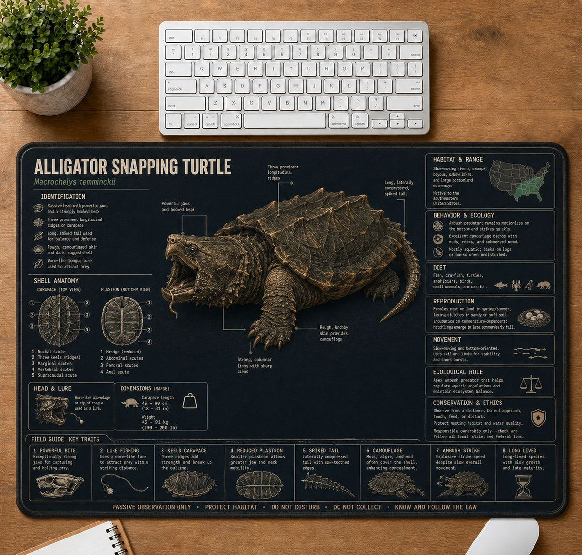 Alligator Snapping Turtle Turtle and Tortoise Species Guide Desk Mat | 5To9Vibe