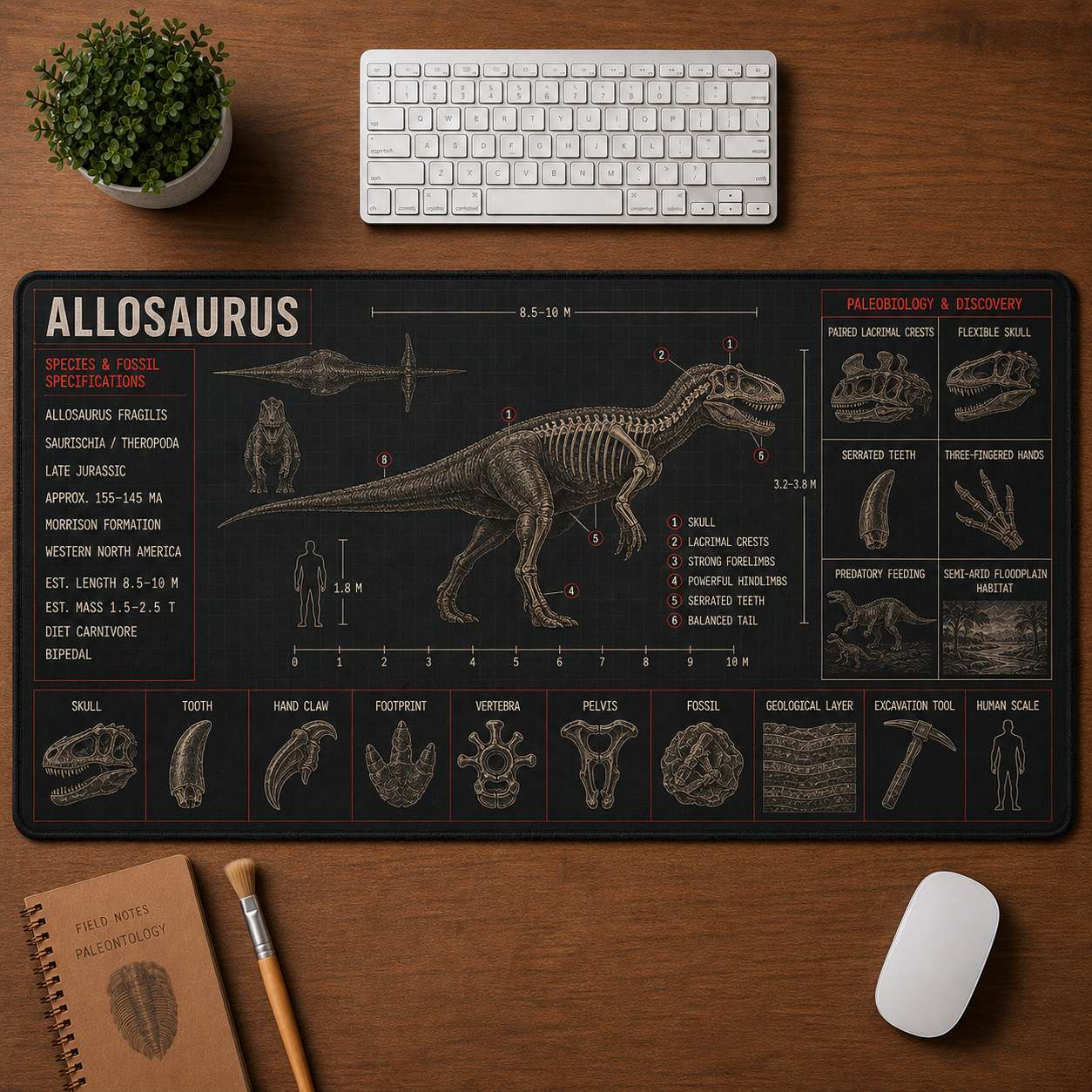 Allosaurus Dinosaur Blueprint Desk Mat | 5To9Vibe