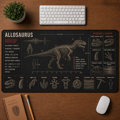 Allosaurus Dinosaur Blueprint Desk Mat | 5To9Vibe