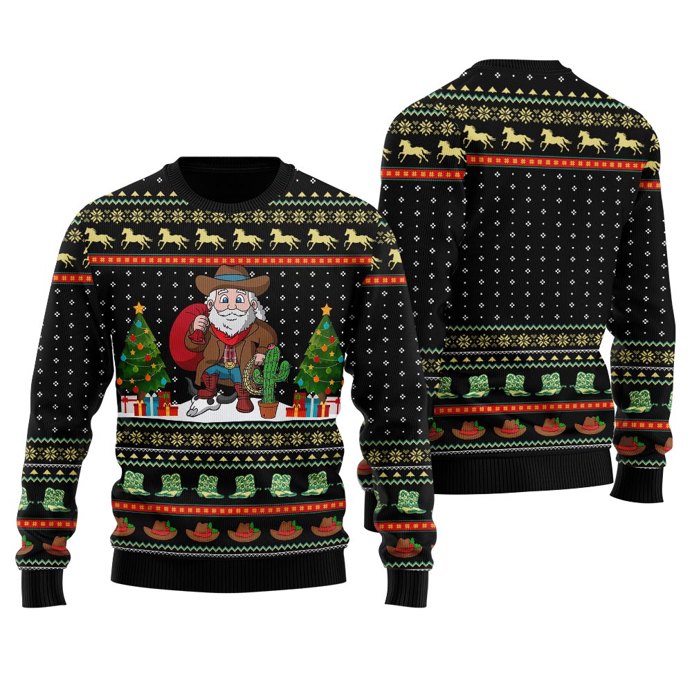 Amazing Cowboy Santa Claus Western Ugly Christmas Sweater Black