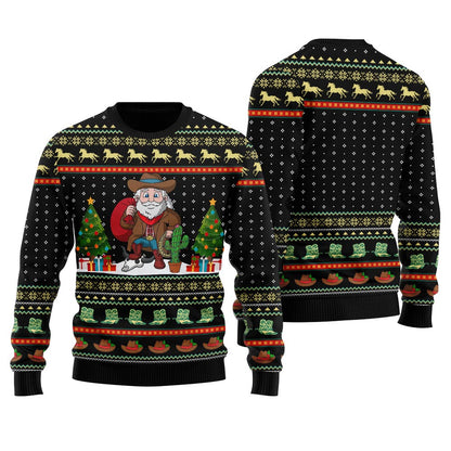 Amazing Cowboy Santa Claus Western Ugly Christmas Sweater Black